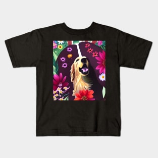 Golden Retriever Dog Puppy Whimsical Portrait Hiding in Wildflowers Secret Garden Digital Art Watercolor Painting Kids T-Shirt